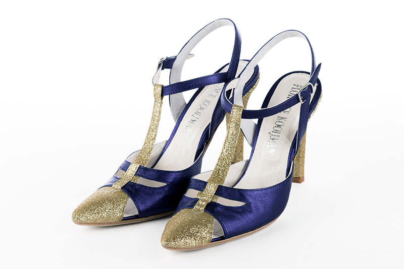 Gold and amethyst purple women's open back T-strap shoes. Tapered toe. Very high slim heel. Front view - Florence KOOIJMAN